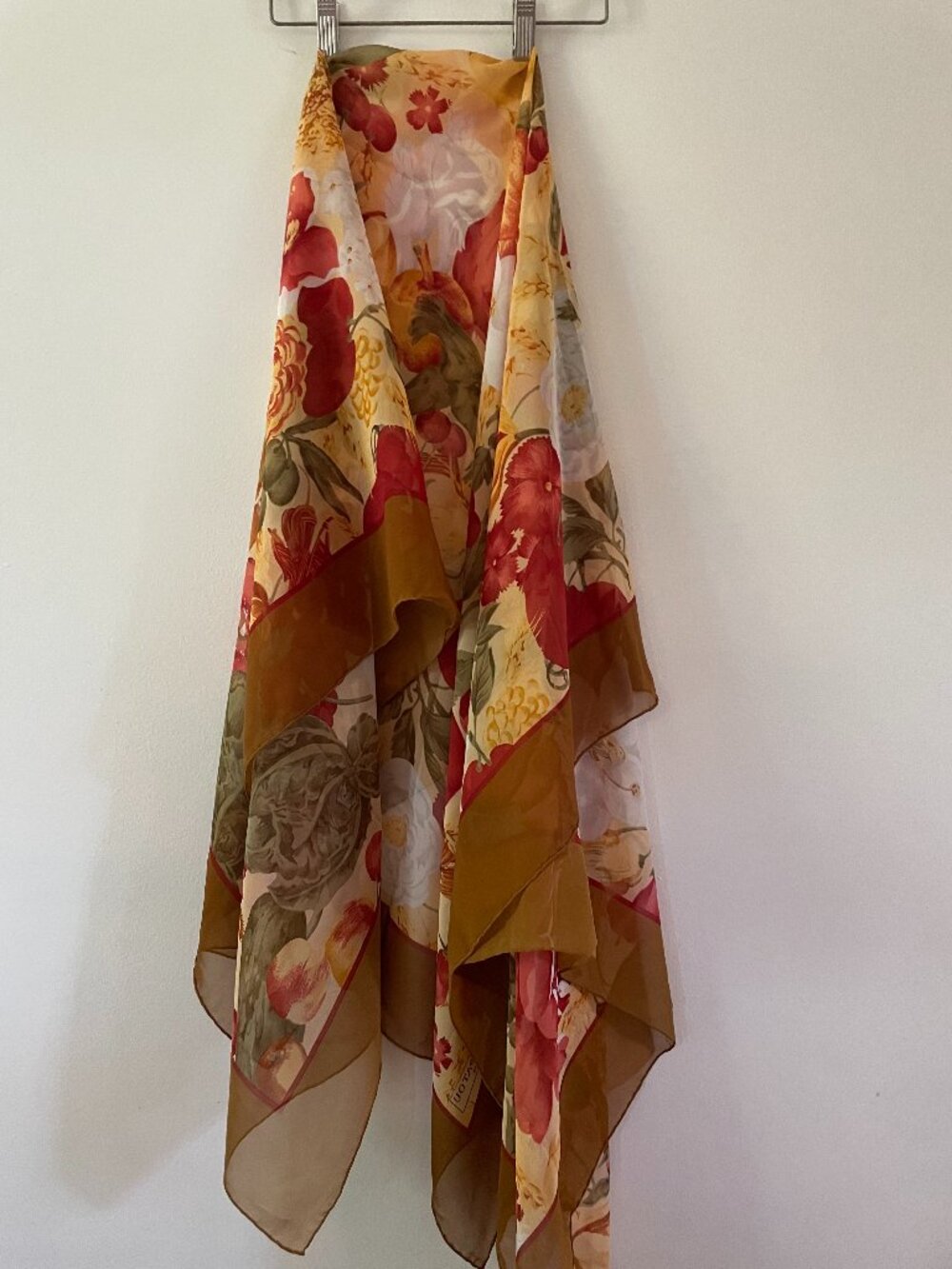 Jean Patou Paris Erre Silk Scarf made in Italy Brown red floral Fall Autumn